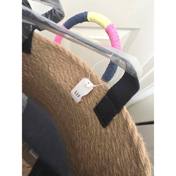 NWT Natural Woven Straw Tote Bag With Colorful Wrapped Handles & Black Shoulder - Picture 5 of 6